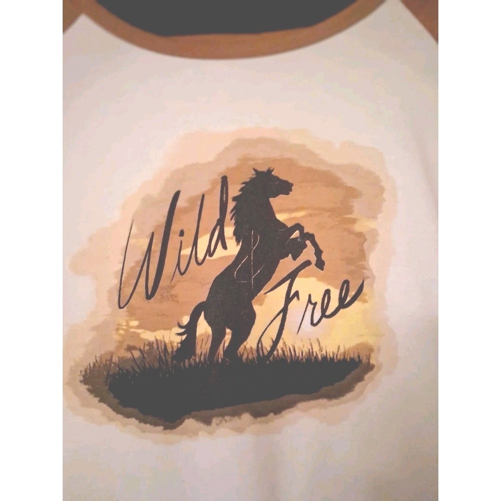 LuLaRoe Randy Baseball Tee 2XL Wild & Free Horse Graphic‎ Raglan Tan Cream